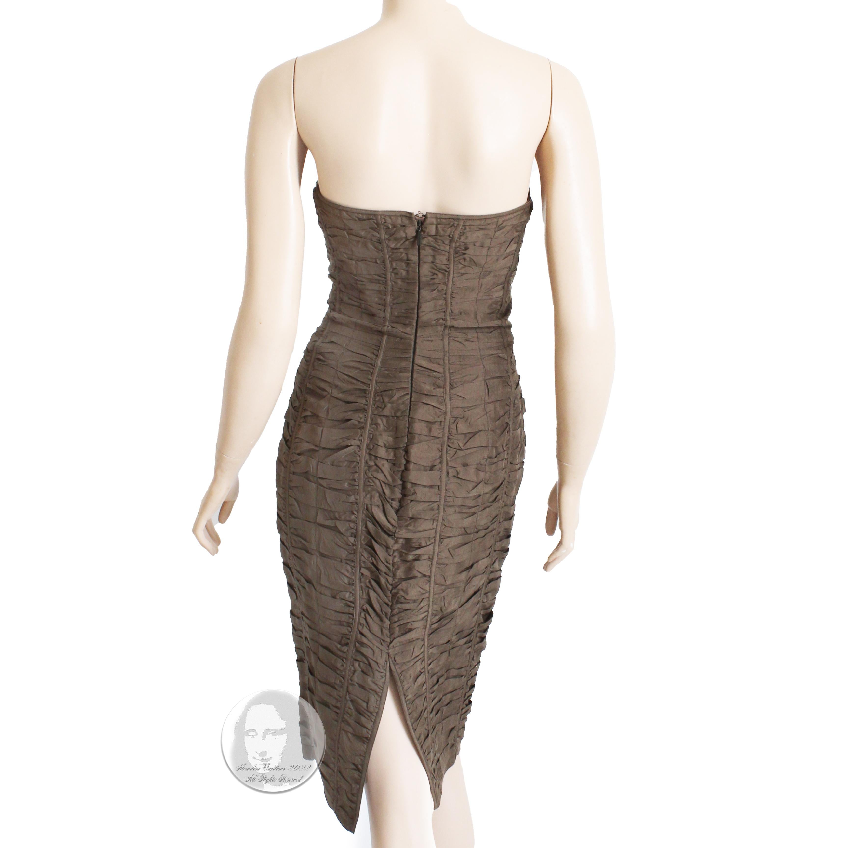 Gucci Dress Corset Bustier Bodice Bodycon Ruched Brown Silk Spring 2001 42 8