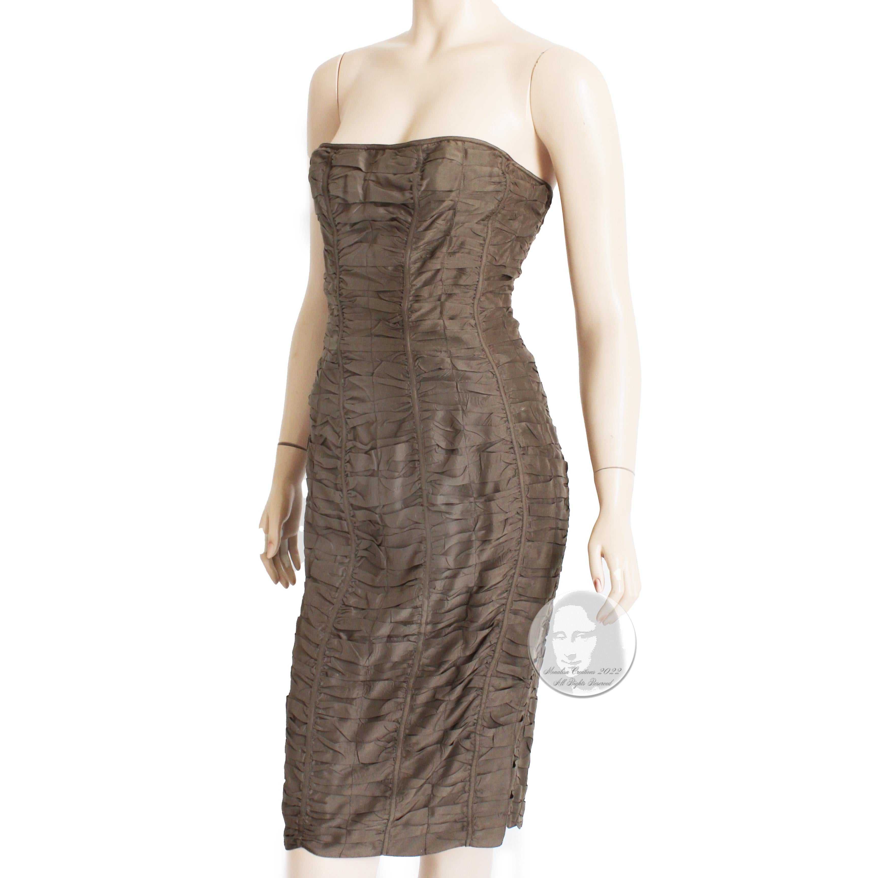 Gucci Dress Corset Bustier Bodice Bodycon Ruched Brown Silk Spring 2001 42 5