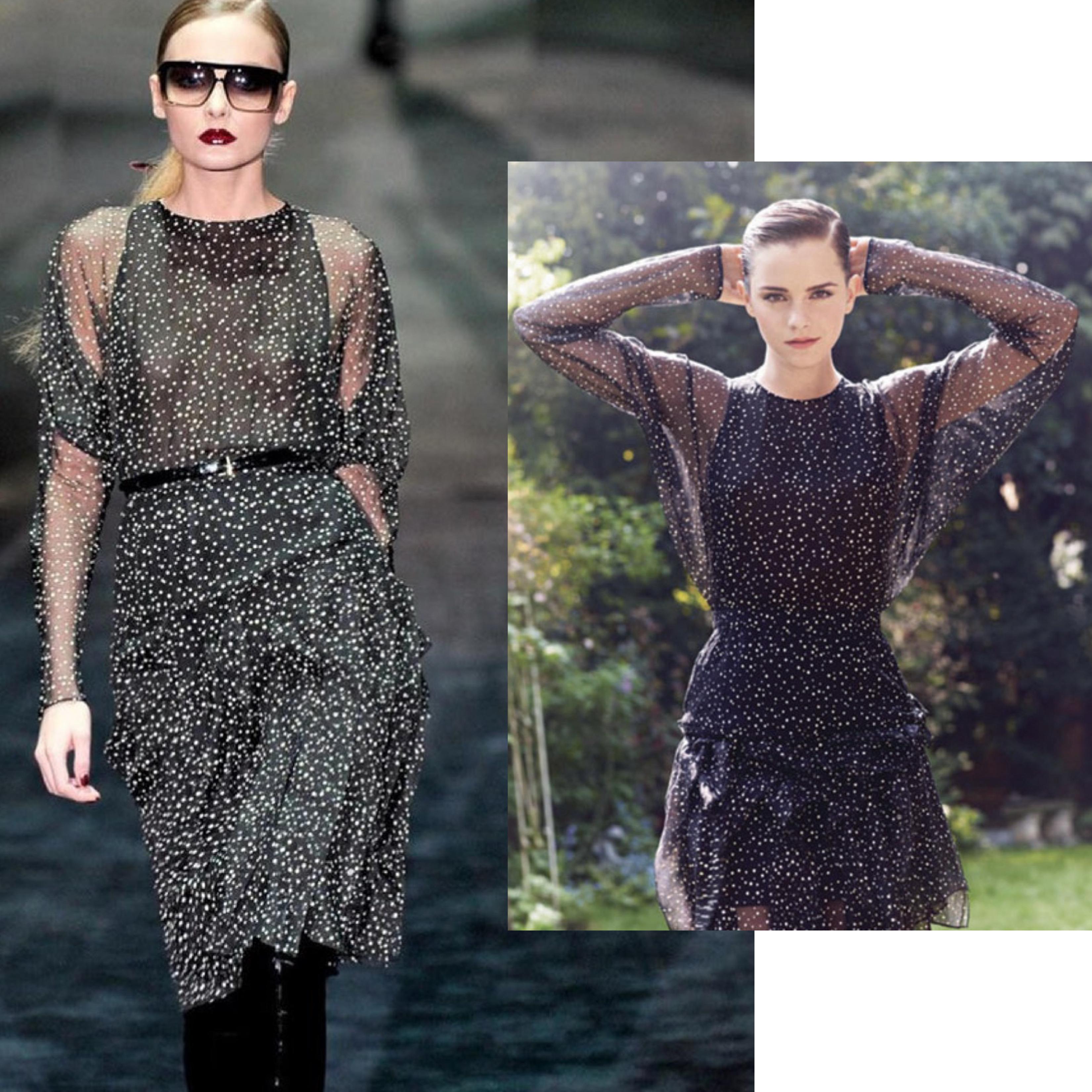 Black Gucci Dress F/W 2011 Runway Silk Polka Dot Chiffon GG Logo Flutter Skirt Sz 44 For Sale