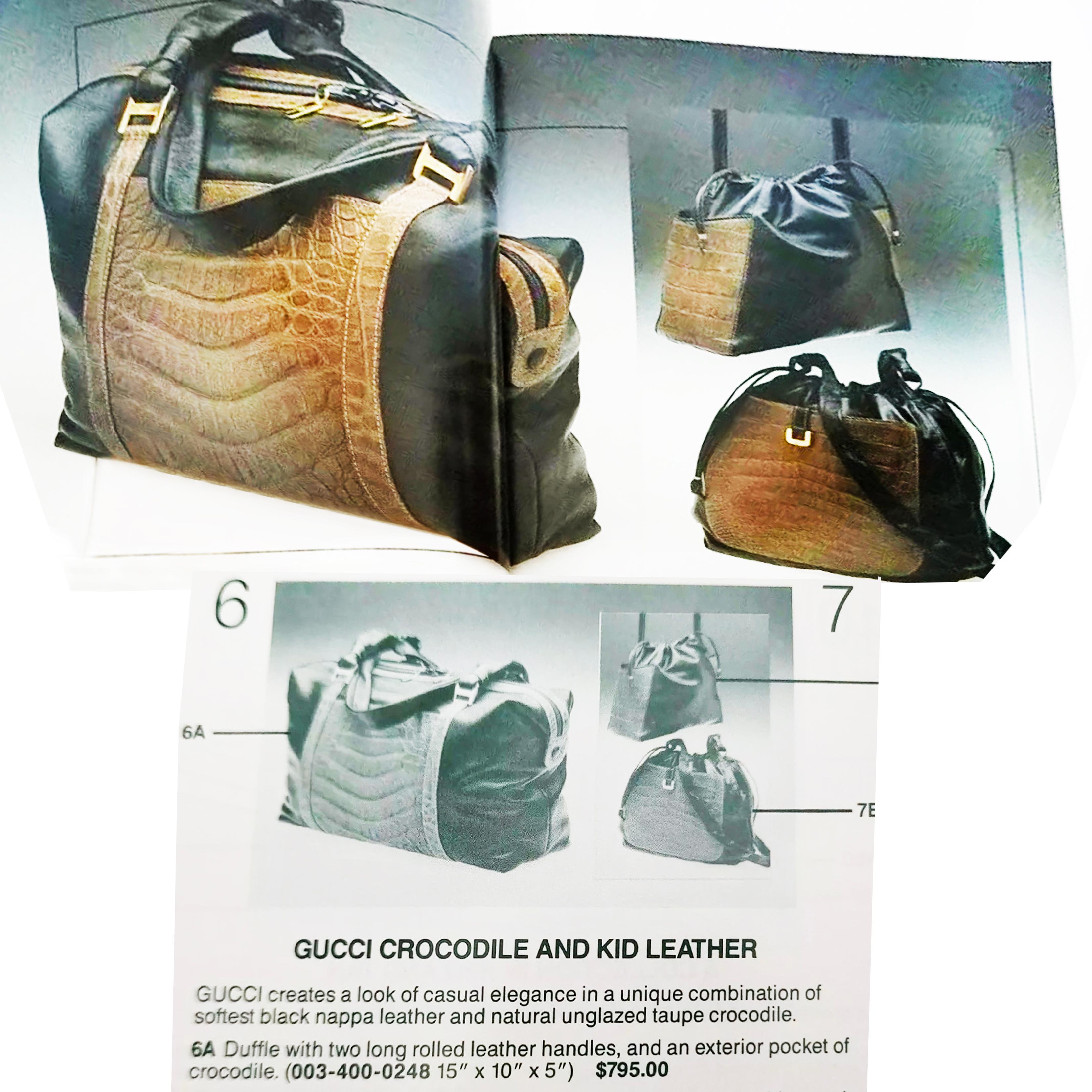 Gucci Duffle Bag Black Crocodile and Kid Leather Large Hobo Vintage 1984 + COA  For Sale 13