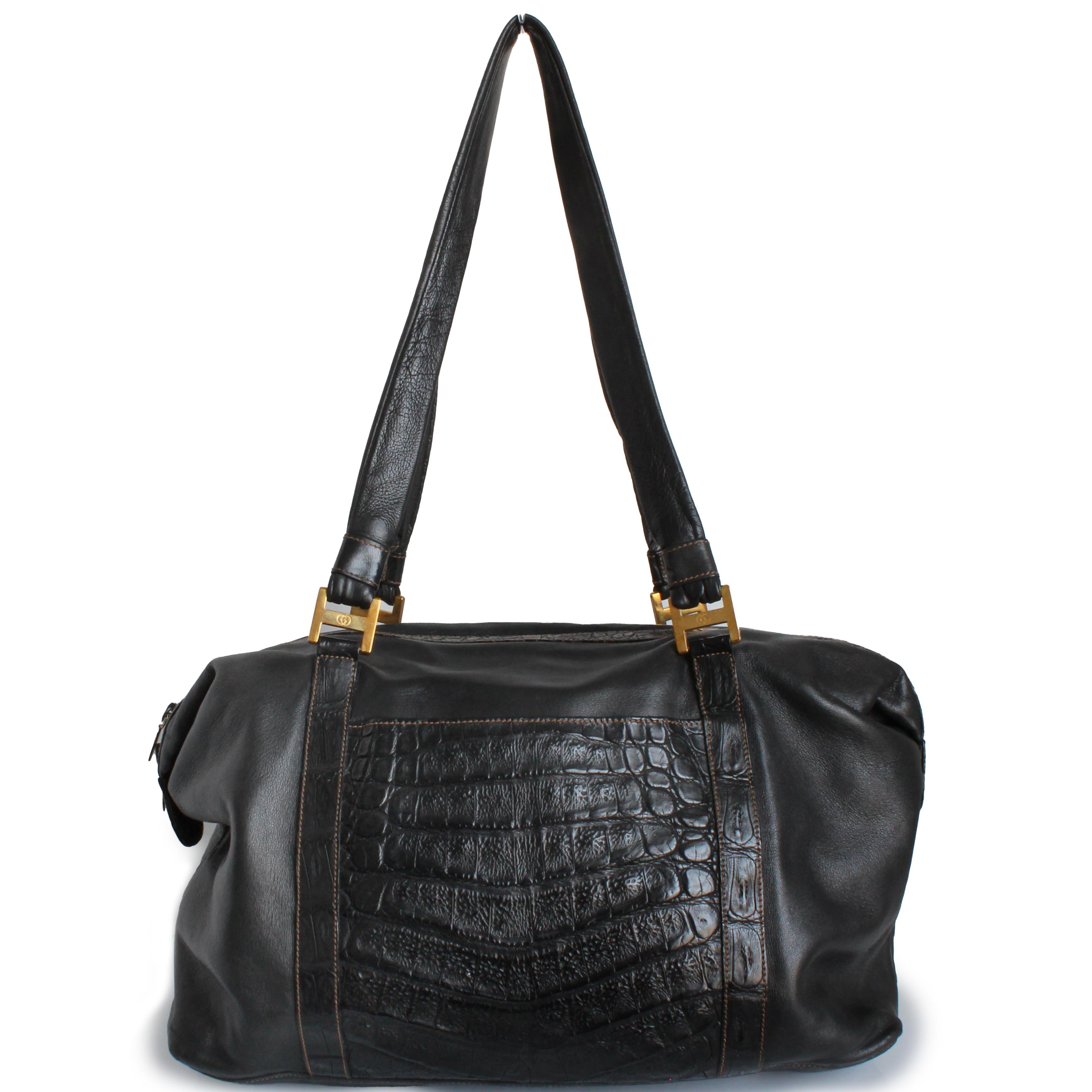 Gucci Duffle Bag Black Crocodile and Kid Leather Large Hobo Vintage 1984 + COA  For Sale 4