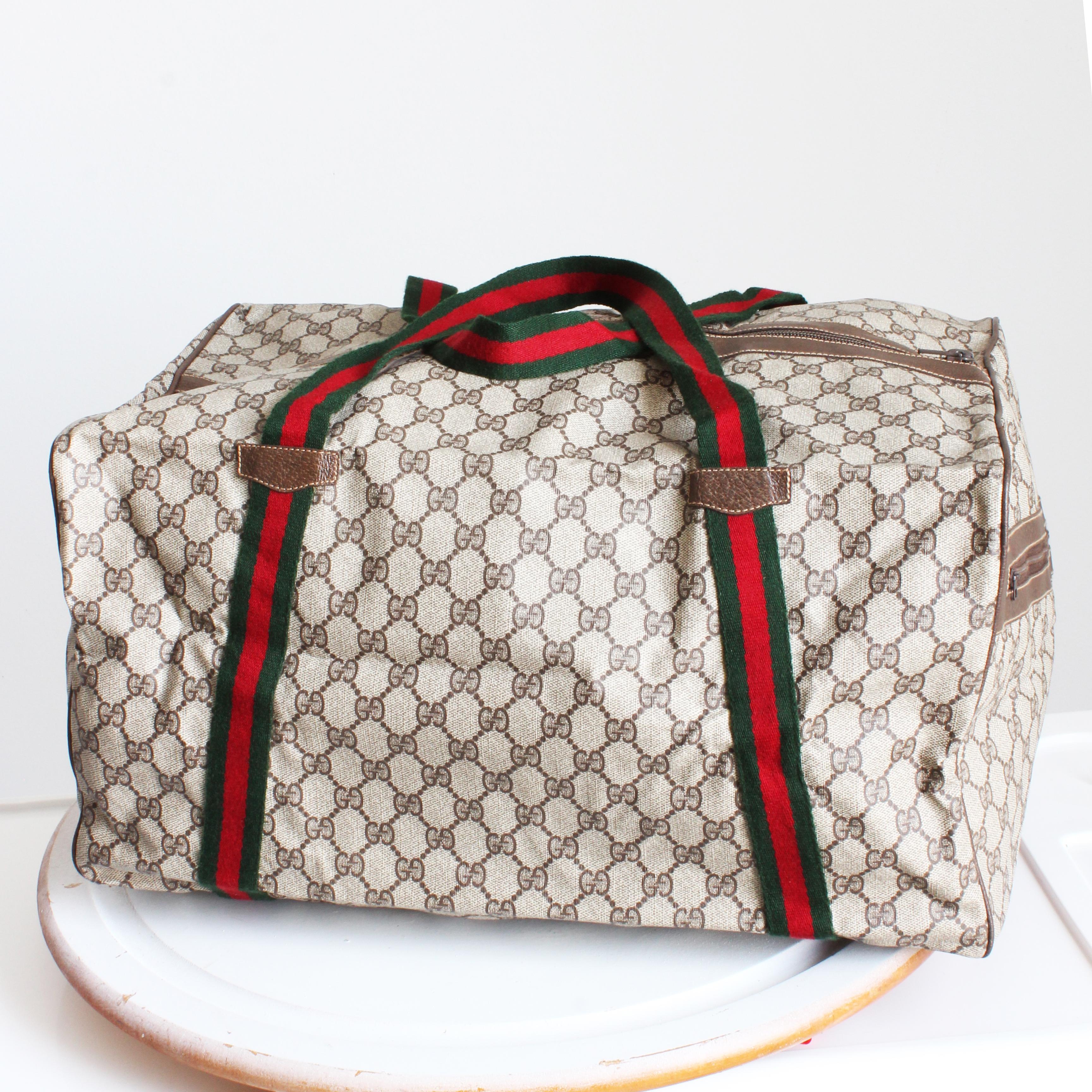 Gucci Duffle Bag GG Logo Canvas Brown Leather Trim Folding Travel Carry On 80s For Sale 6