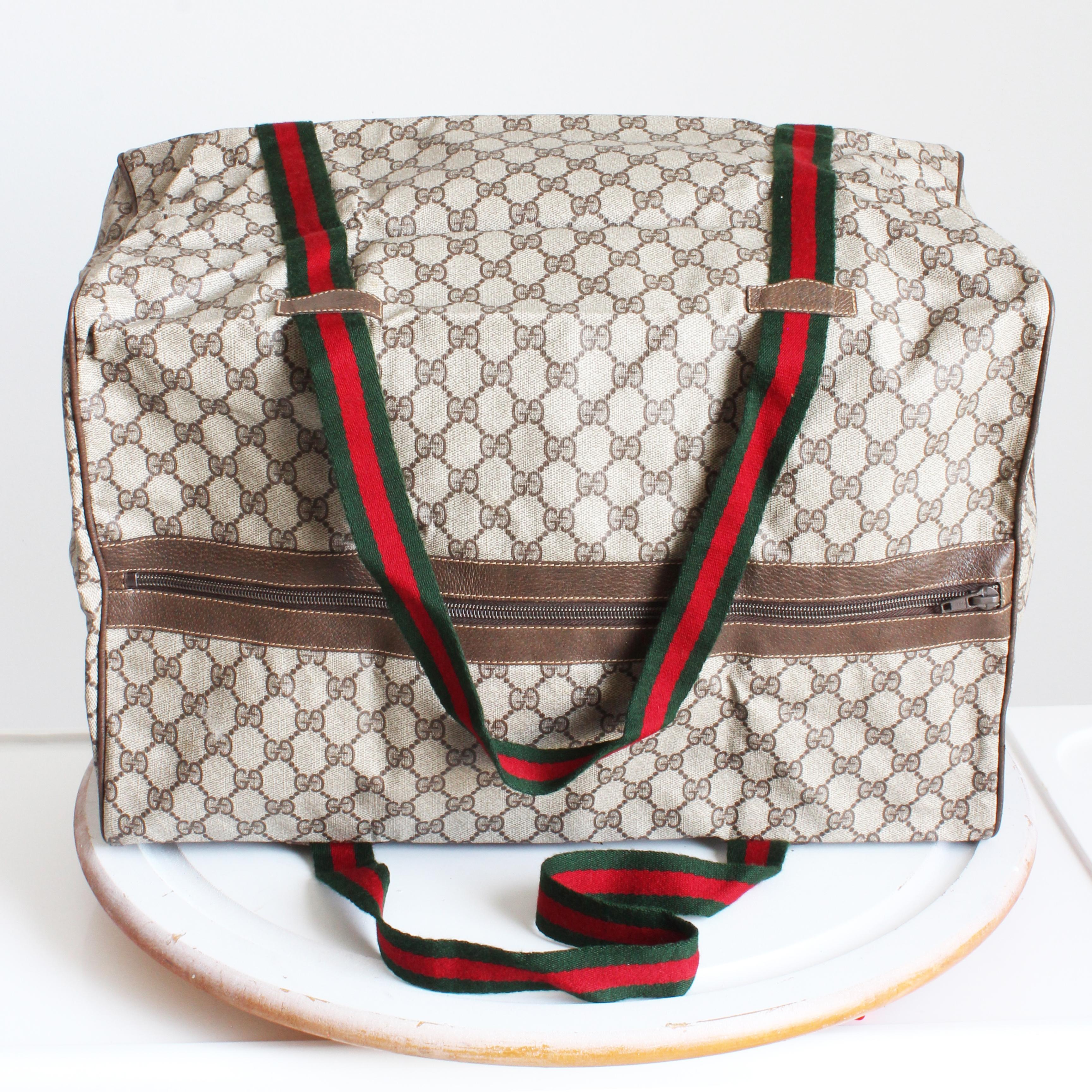 Gucci Duffle Bag GG Logo Canvas Brown Leather Trim Folding Travel Carry On 80s For Sale 7