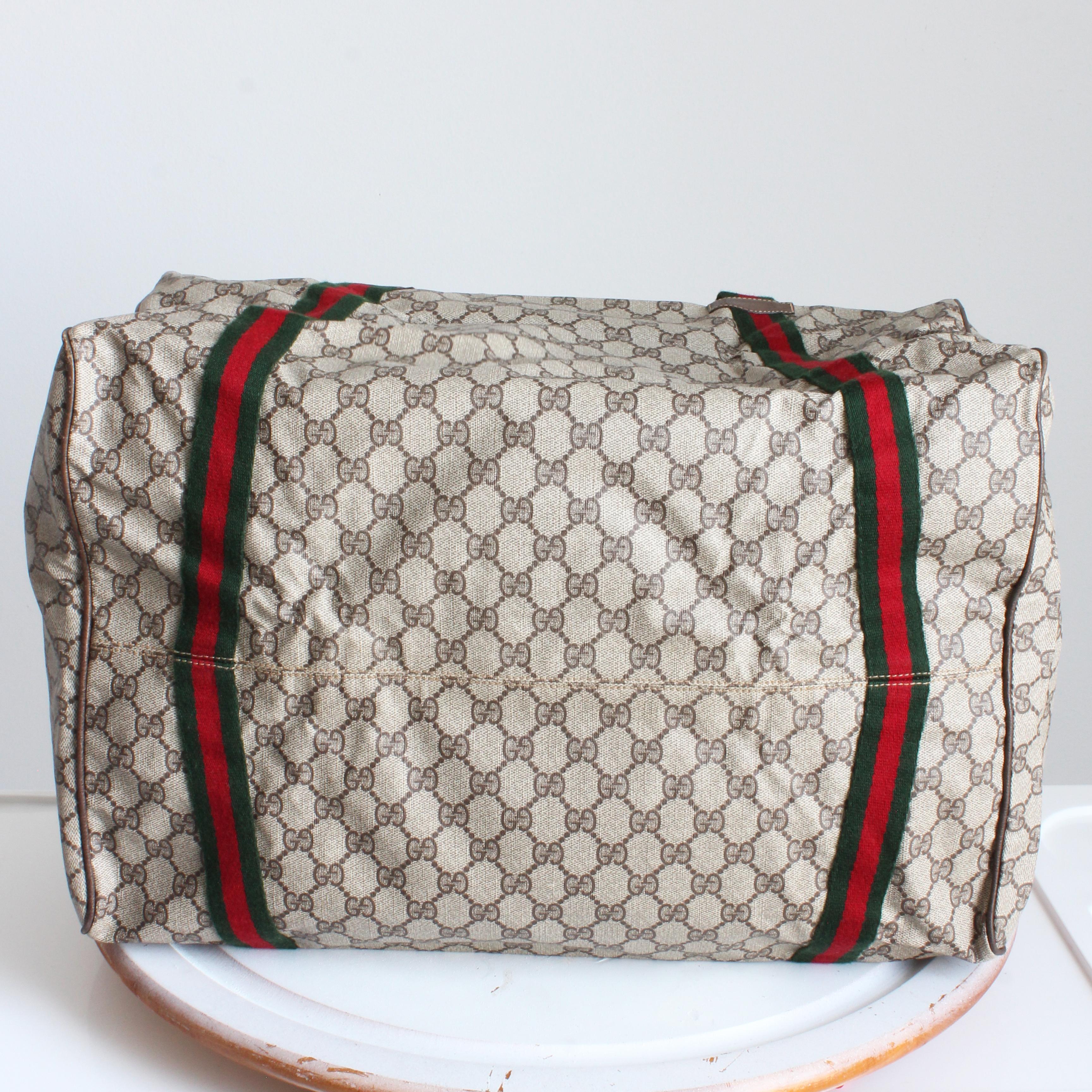 Gucci Duffle Bag GG Logo Canvas Brown Leather Trim Folding Travel Carry On 80s For Sale 7