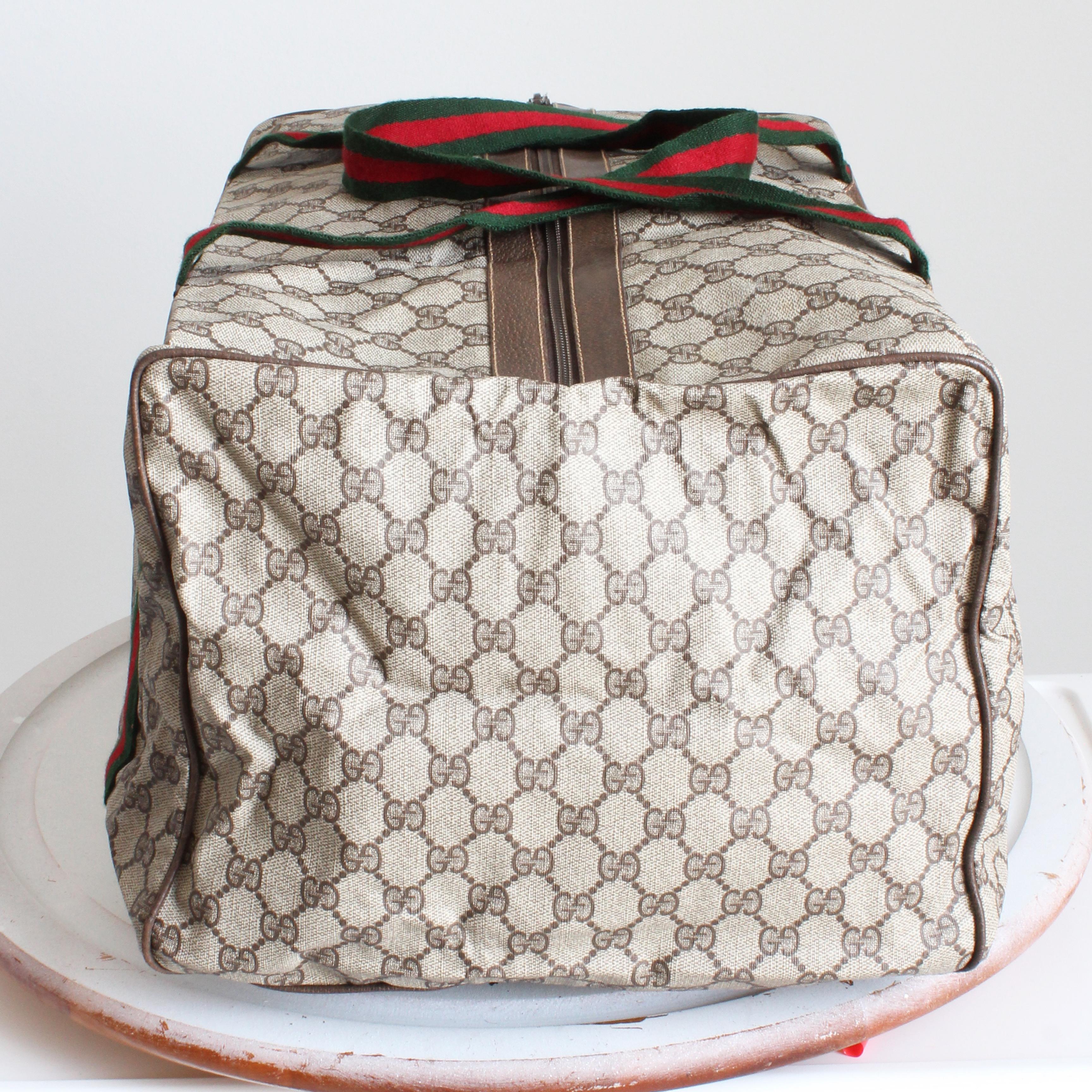 Gucci Duffle Bag GG Logo Canvas Brown Leather Trim Folding Travel Carry On 80s For Sale 1