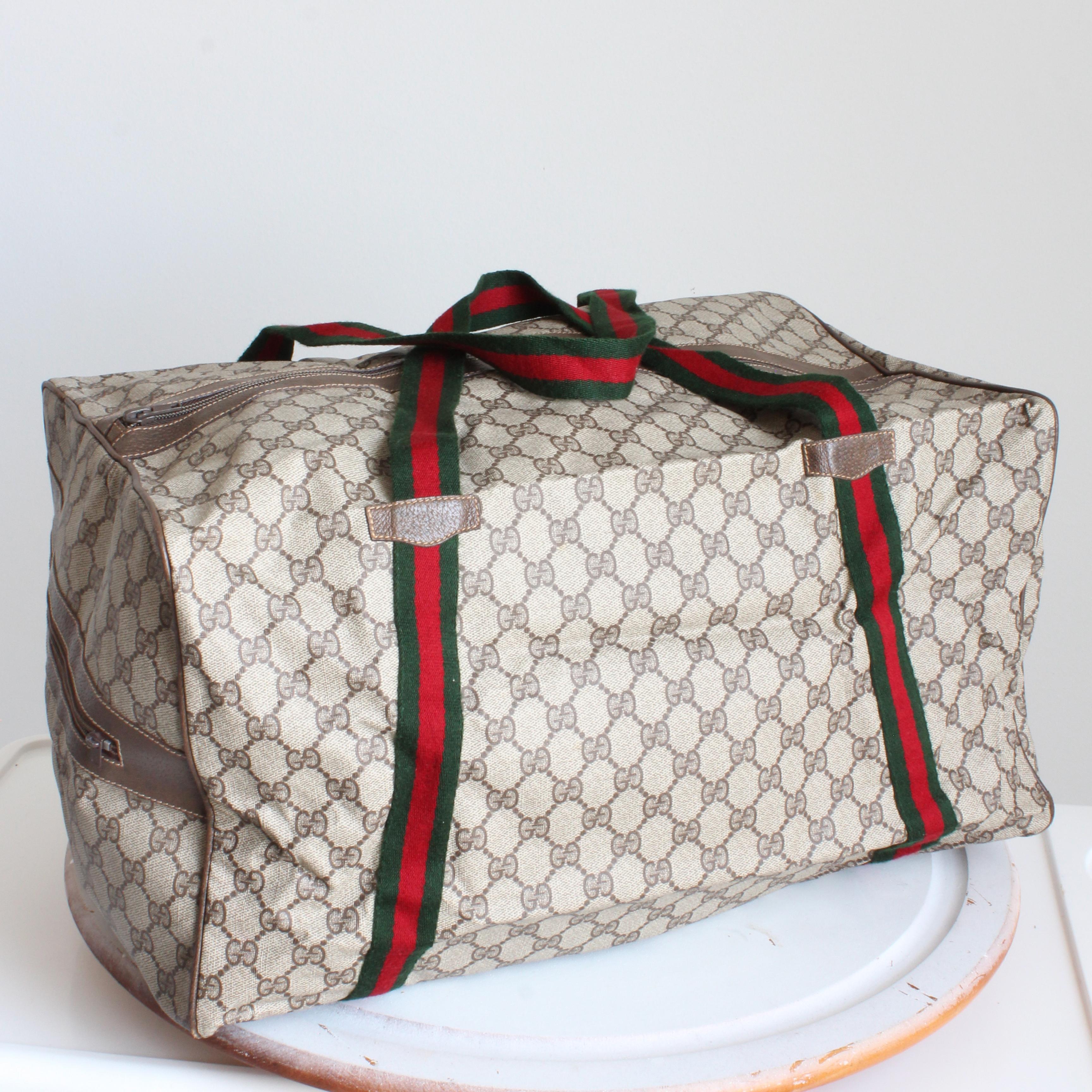 Gucci Duffle Bag GG Logo Canvas Brown Leather Trim Folding Travel Carry On 80s For Sale 3