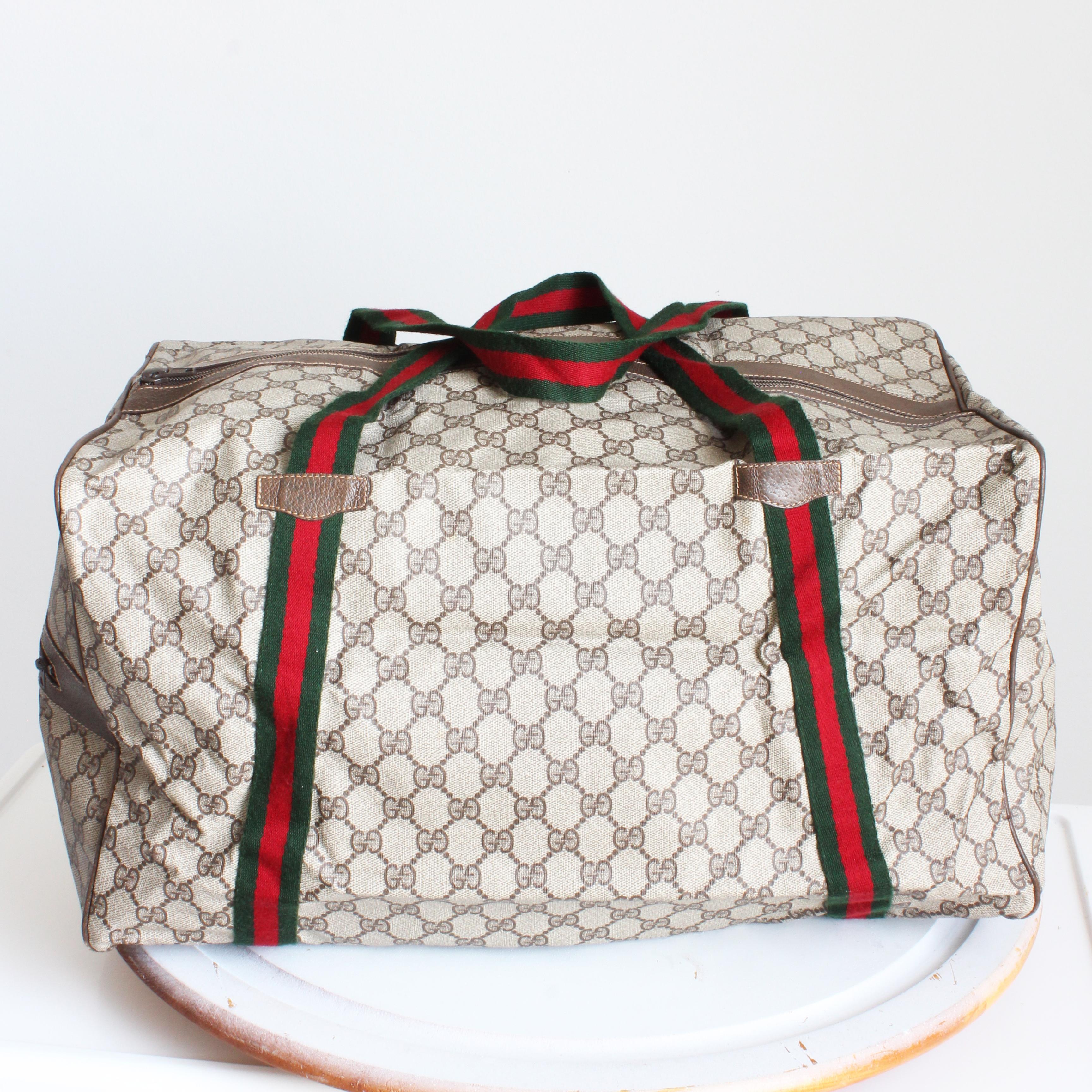 Gucci Duffle Bag GG Logo Canvas Brown Leather Trim Folding Travel Carry On 80s For Sale 5