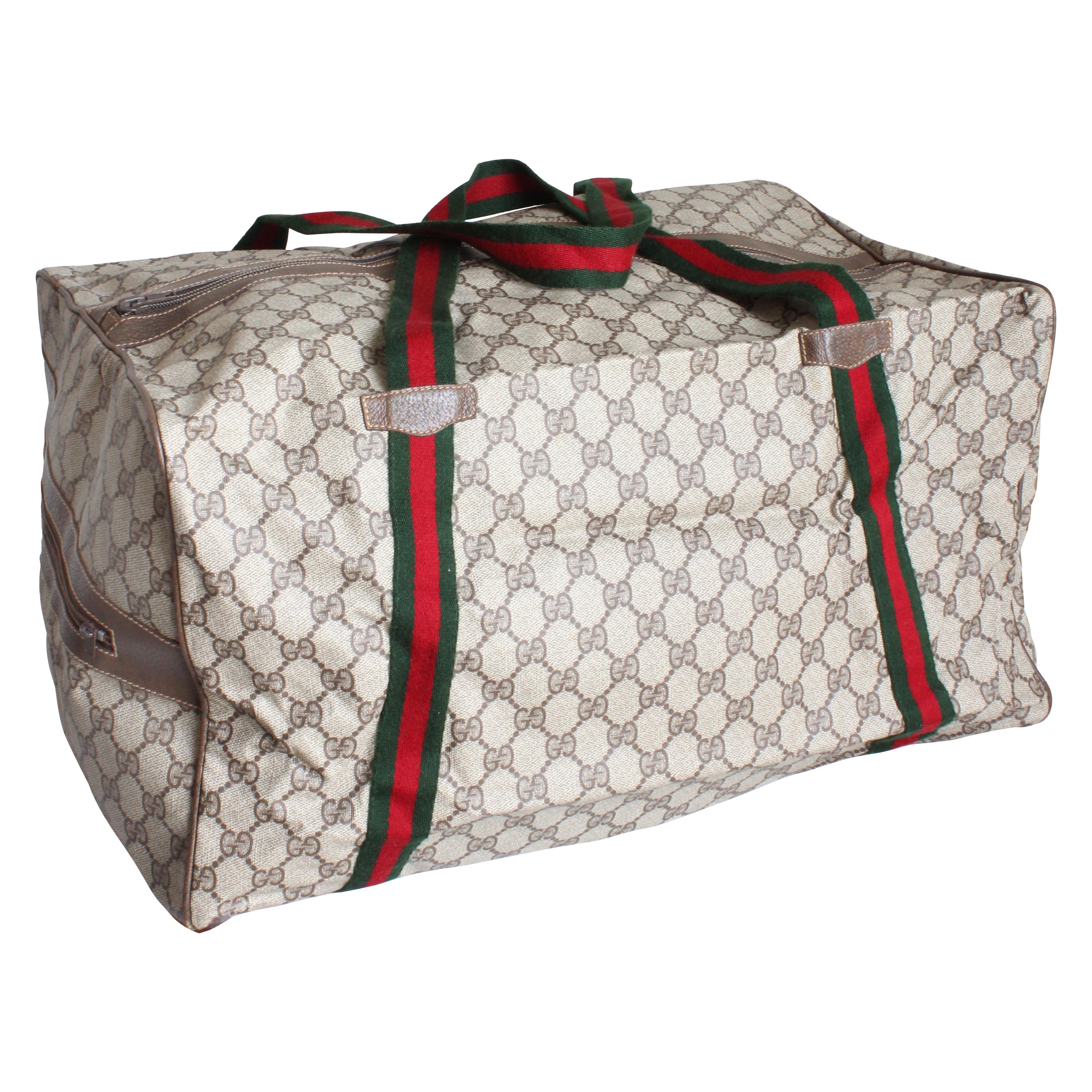 Gucci Duffle Bag GG Monogram Canvas Brown Leather Trim Folding Carry On 80s XL in vendita
