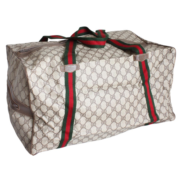 gucci travel bag men's Gucci Duffle Bag GG Monogram Canvas Brown Leather Trim Folding Carry On 80s  XL For Sale at 1stDibs