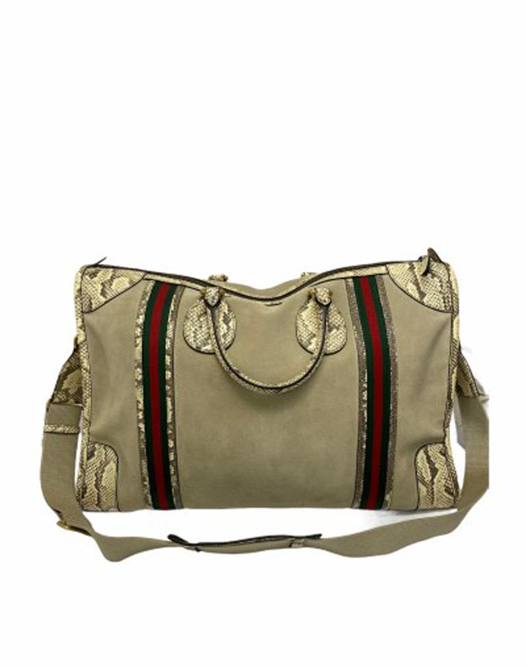 Women's or Men's Gucci Duffle Travel Bag in Beige Suede with Python and Golden Hardware
