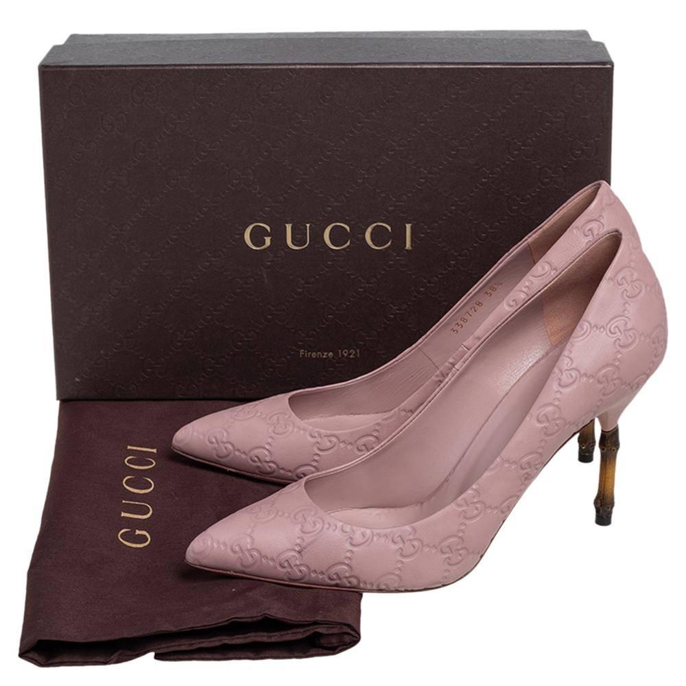 Brown Gucci Dusty Pink Guccissima Leather Kristen Bamboo Heel Pumps Size 38.5