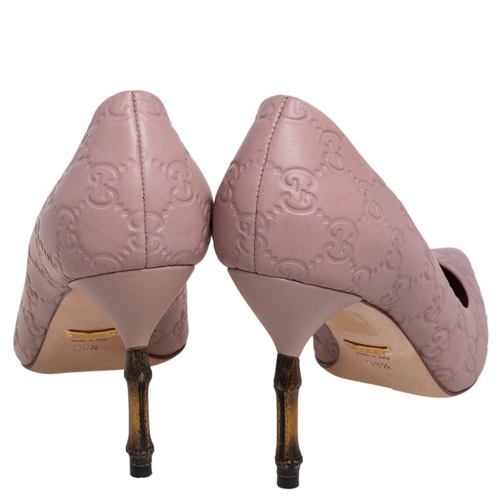Gucci Dusty Pink Guccissima Leather Kristen Bamboo Heel Pumps Size 38.5 In Good Condition In Dubai, Al Qouz 2