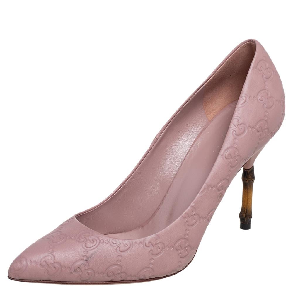 Gucci Dusty Pink Guccissima Leather Kristen Bamboo Heel Pumps Size 38.5 2