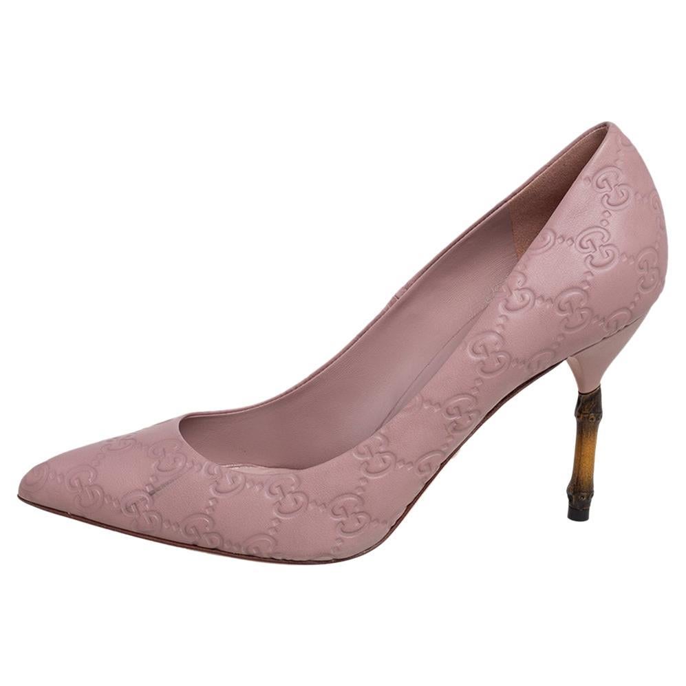 Gucci Dusty Pink Guccissima Leather Kristen Bamboo Heel Pumps Size 38.5