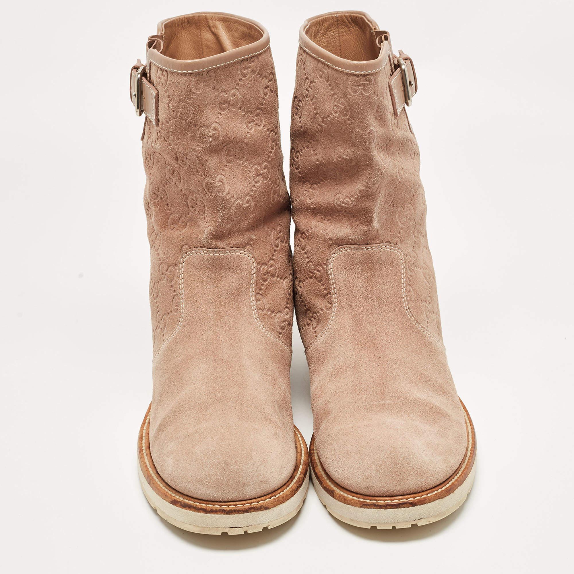 Gucci Dusty Pink Guccissima Wildleder Quercy flache Stiefel Größe 38 (Braun)