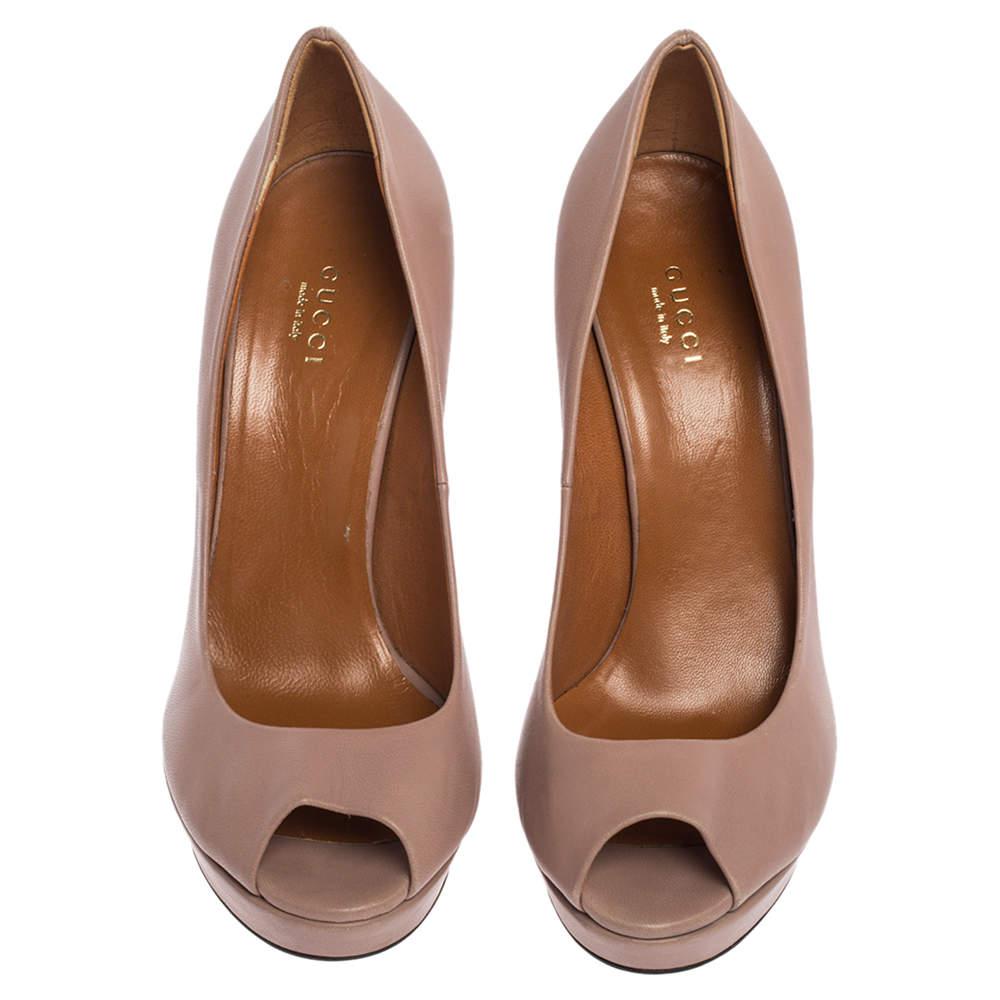 Brown Gucci Dusty Pink Leather Betty Peep Toe Pumps Size 39