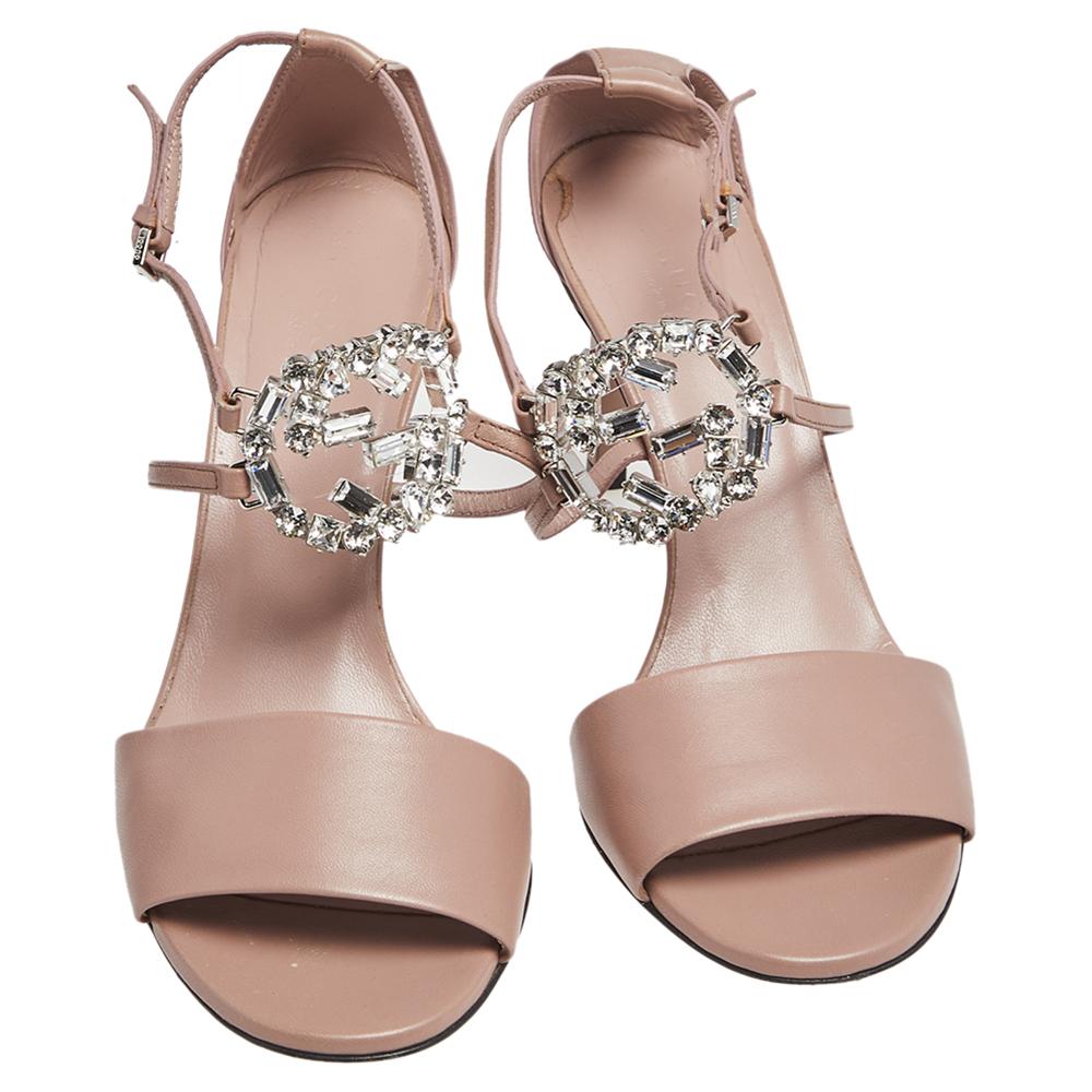 Brown Gucci Dusty Pink Leather Interlocking G Crystals Sandals Size 36