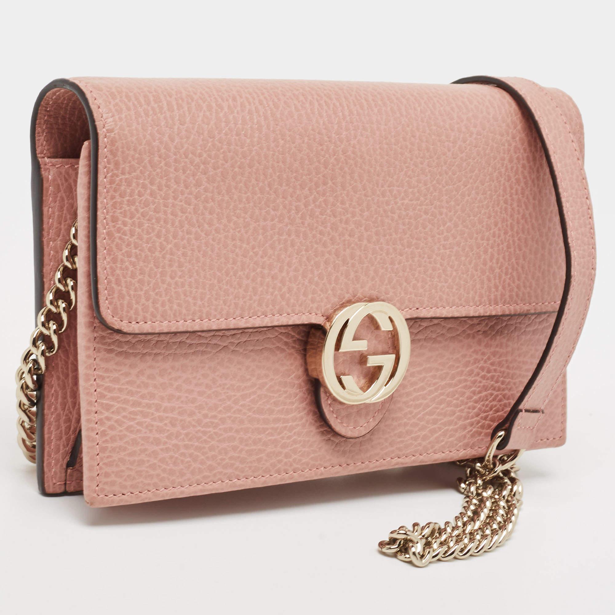 Gucci Dusty Pink Leather Interlocking G Wallet on Chain 5