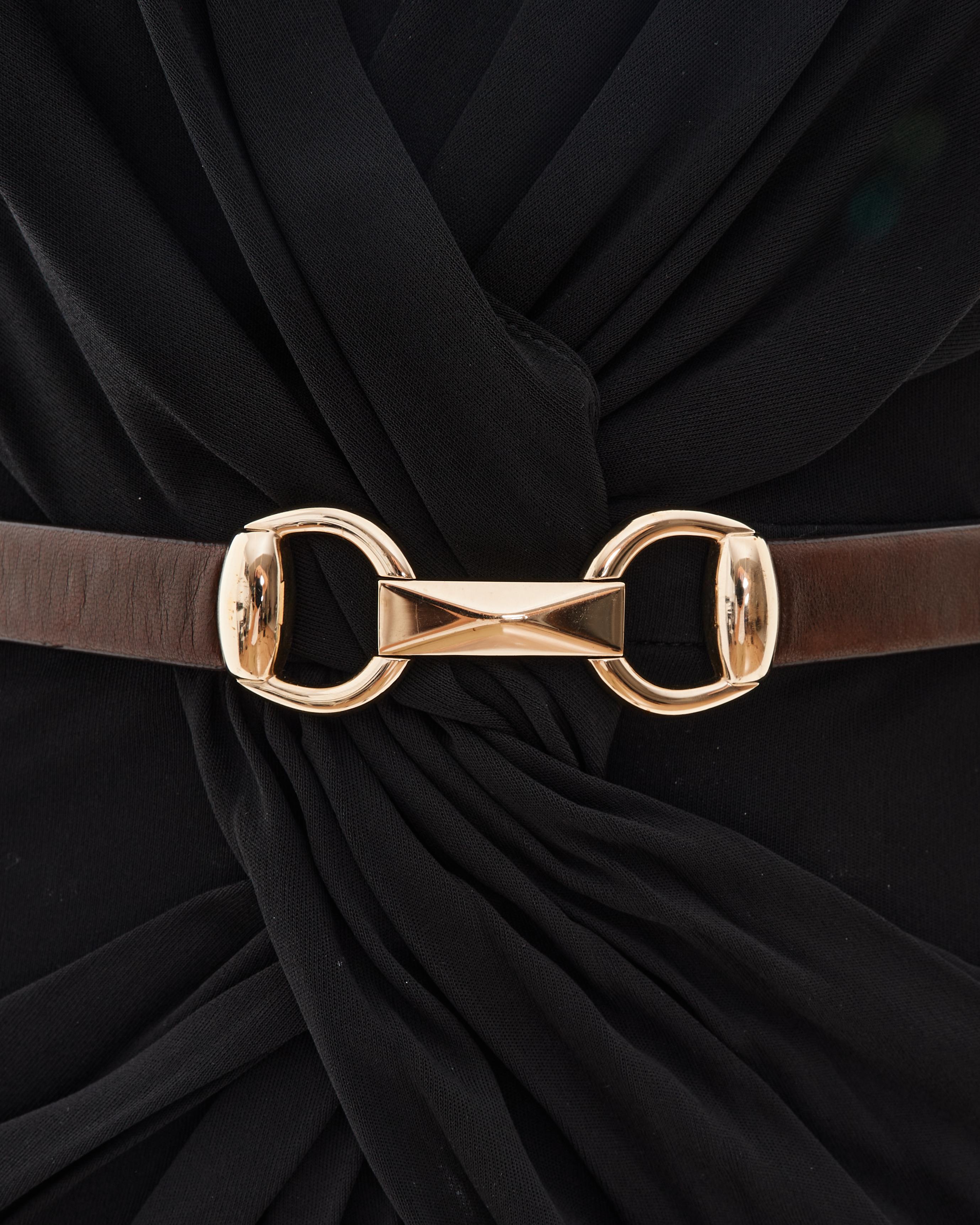 GUCCI Early 00's Black Lycra Cocktail Dress with Brown GG Logo Belt in vendita 3