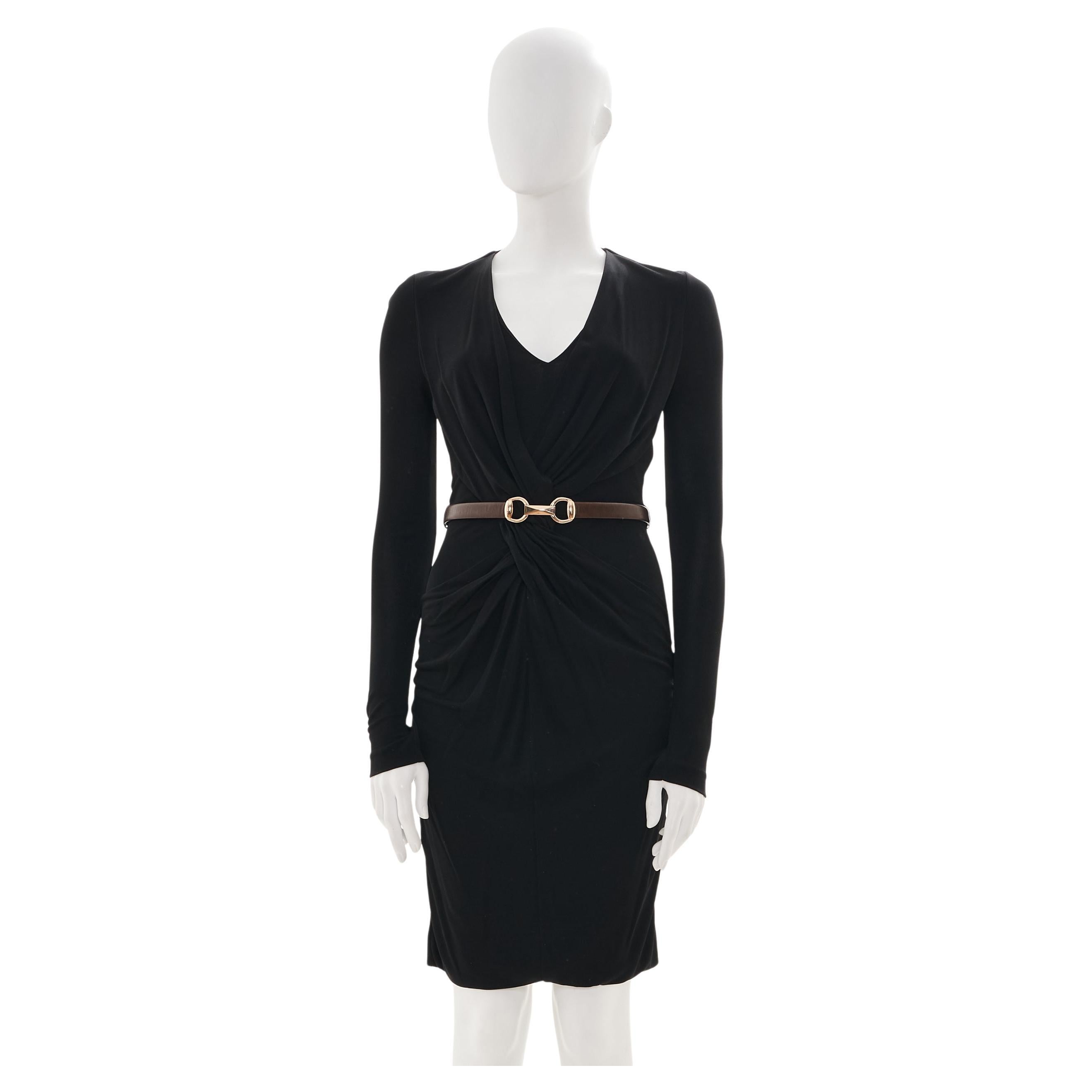 GUCCI Early 00's Black Lycra Cocktail Dress with Brown GG Logo Belt in vendita