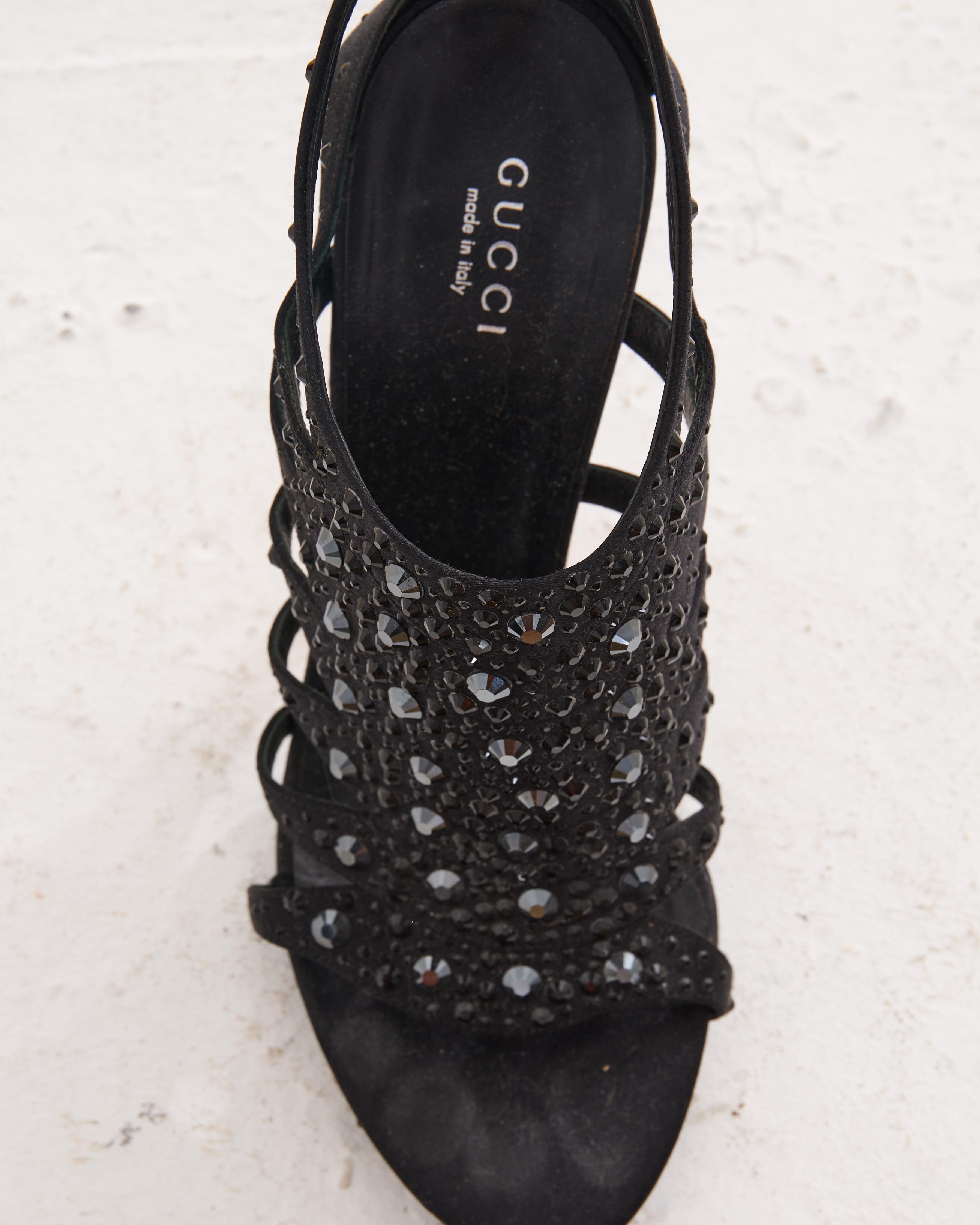 GUCCI Early 00's Black Satin Crystal Embellished Sandals For Sale 1