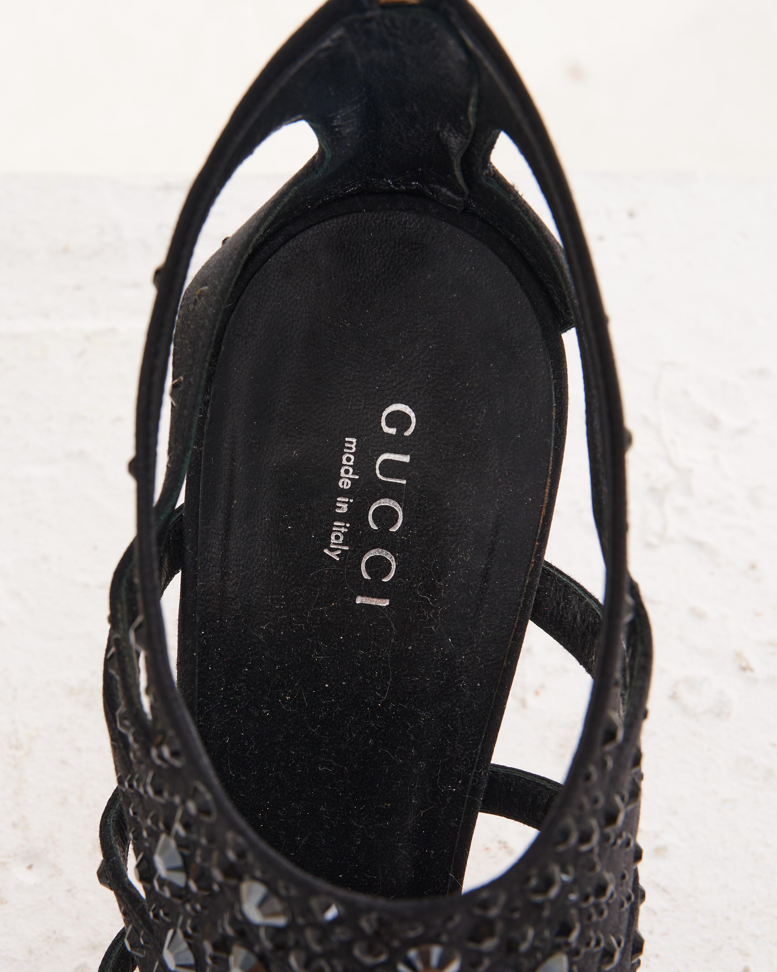 GUCCI Early 00's Black Satin Crystal Embellished Sandals For Sale 2