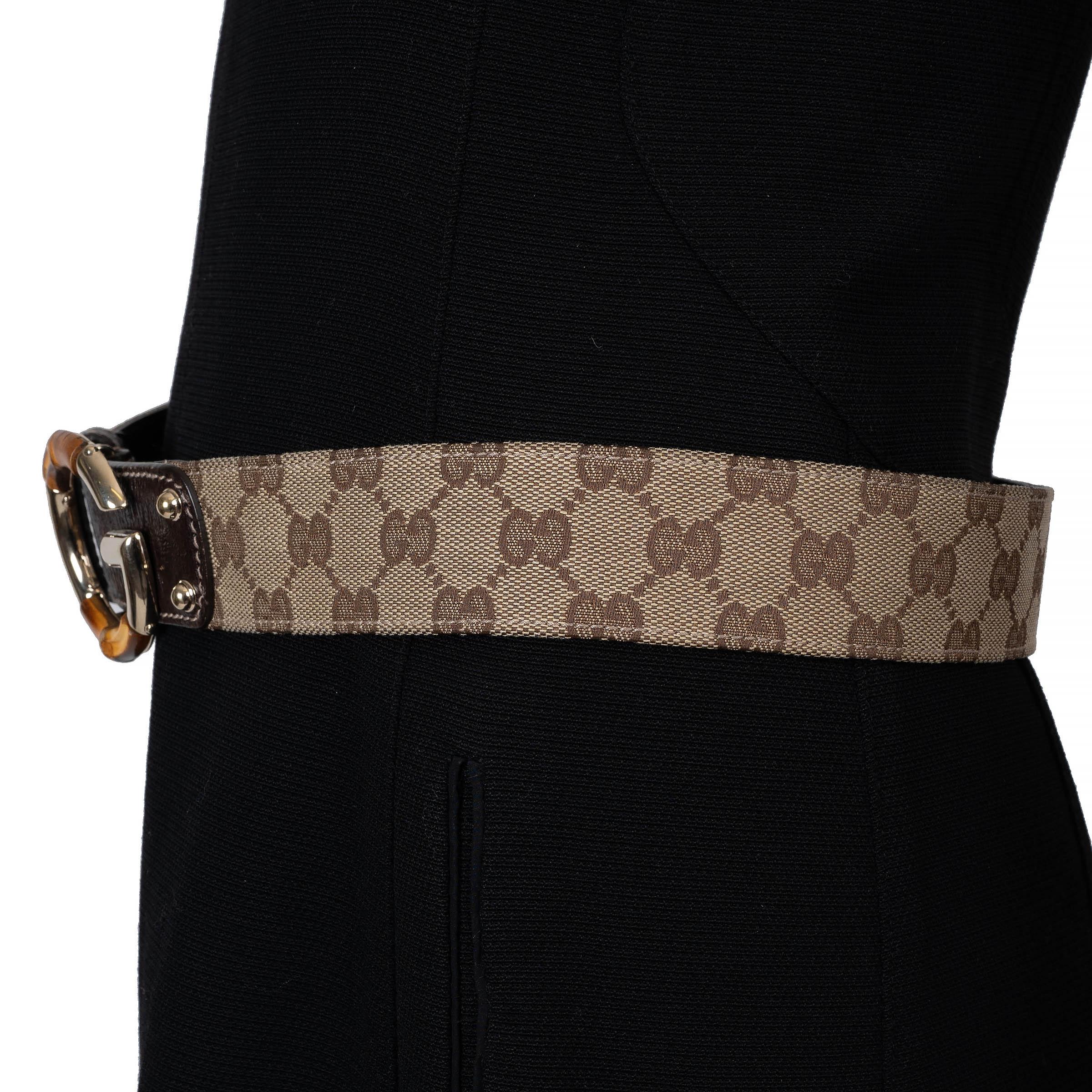 GUCCI Ebenholz & Beige GG Monogramm Segeltuch BAMBOO Gürtel 85 / 34 im Zustand „Gut“ im Angebot in Zürich, CH