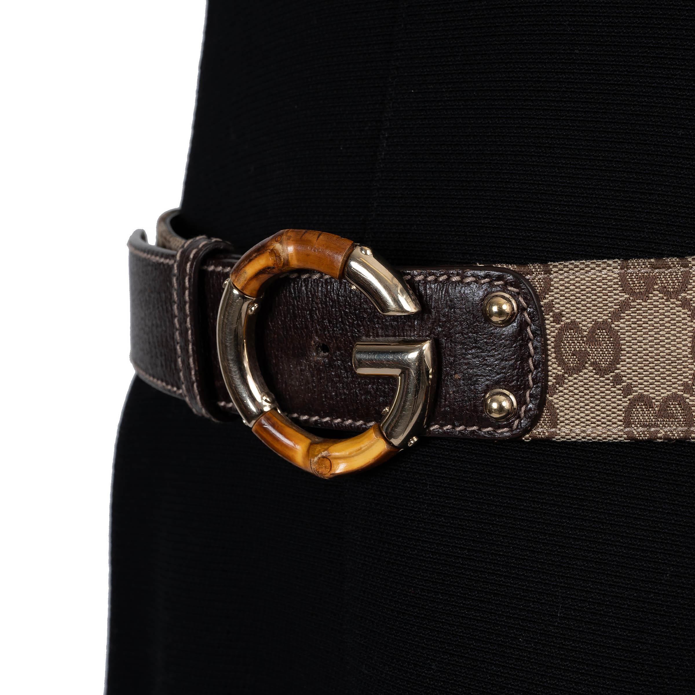 GUCCI Ebenholz & Beige GG Monogramm Segeltuch BAMBOO Gürtel 85 / 34 im Angebot 1
