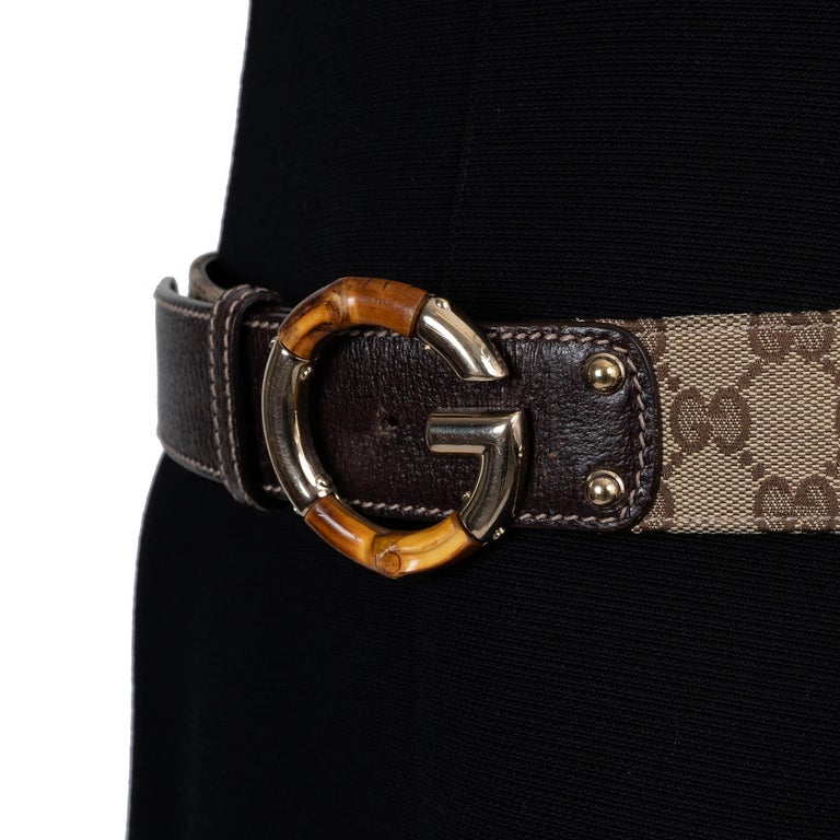 GUCCI ebony and beige GG Monogram canvas BAMBOO Belt 85 / 34  display picture 2