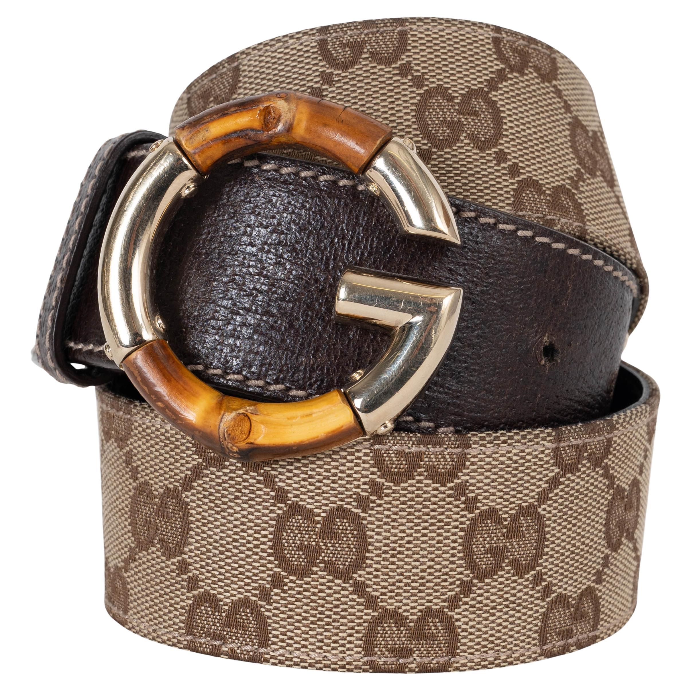 GUCCI Ebenholz & Beige GG Monogramm Segeltuch BAMBOO Gürtel 85 / 34 im Angebot
