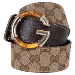 GUCCI ébano y beige GG Monograma lona BAMBOO Cinturón 85 / 34