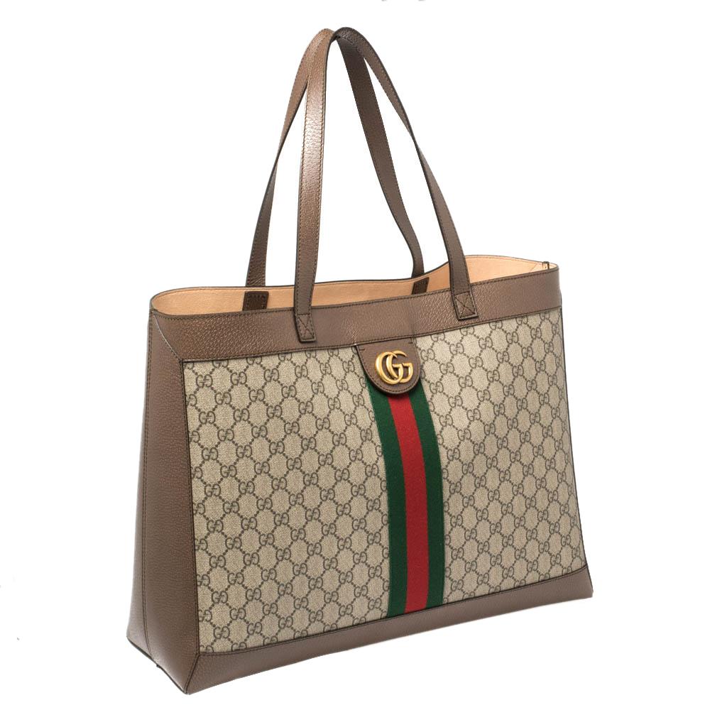 Gucci Ebony/Beige GG Supreme Canvas and Leather Medium Ophidia Soft Tote In Good Condition In Dubai, Al Qouz 2