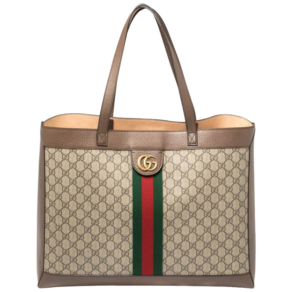 Gucci Ebony/Beige GG Supreme Canvas and Leather Medium Ophidia Soft Tote