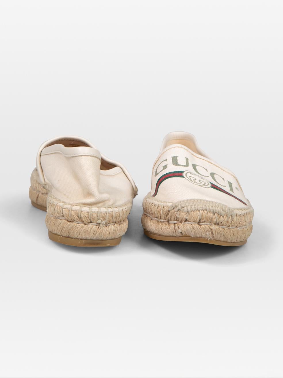 Beige Gucci Ecru Logo Print Espadrilles Size IT 35.5 For Sale
