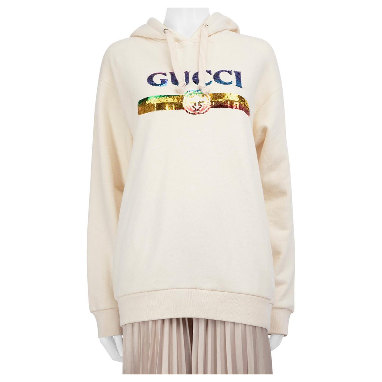 Gucci Ecru Sequinned Logo Hoodie Size M