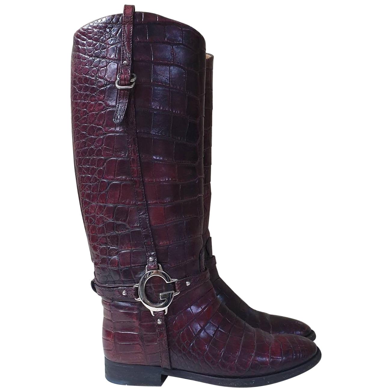 Gucci Eggplant Crocodile Riding Boots