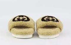 Gucci Eileen Logo Print Shearling Slides EU 38 UK 5 US 8