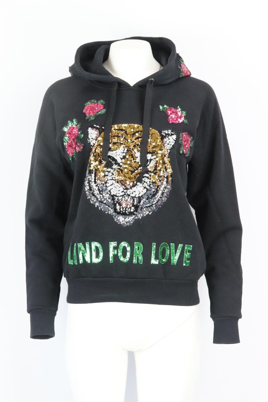 Gucci embellished cotton terry hoodie. Black. Long sleeve, crewneck. Slips on. 100% Cotton; fabric2: 95% cotton, 5% elastane. Size: XXSmall (UK 4, US 0, FR 32, IT 36). Bust: 42 in. Waist: 41 in. Hips: 35 in. Length: 23.5 in. Very good condition - No