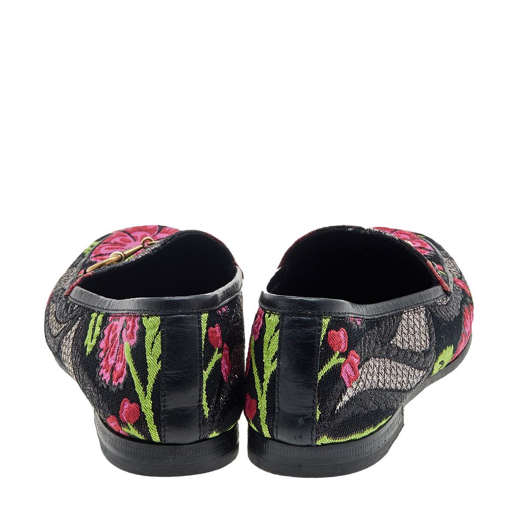 Black Gucci Embroidered Brocade Fabric Jordaan Horsebit Slip On Loafers Size 36