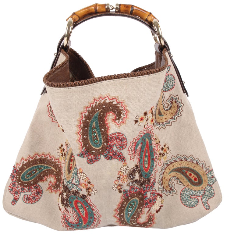 Gucci Embroidered Canvas Bag Bamboo Handle - beige/green/taupe/red at ...