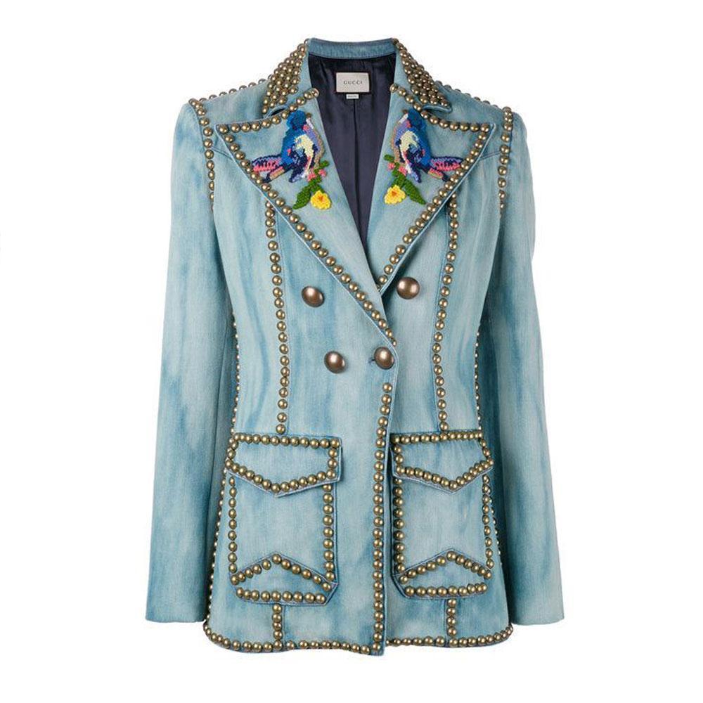 GUCCI Embroidered Denim Jacket with Studs IT42 US 6-8