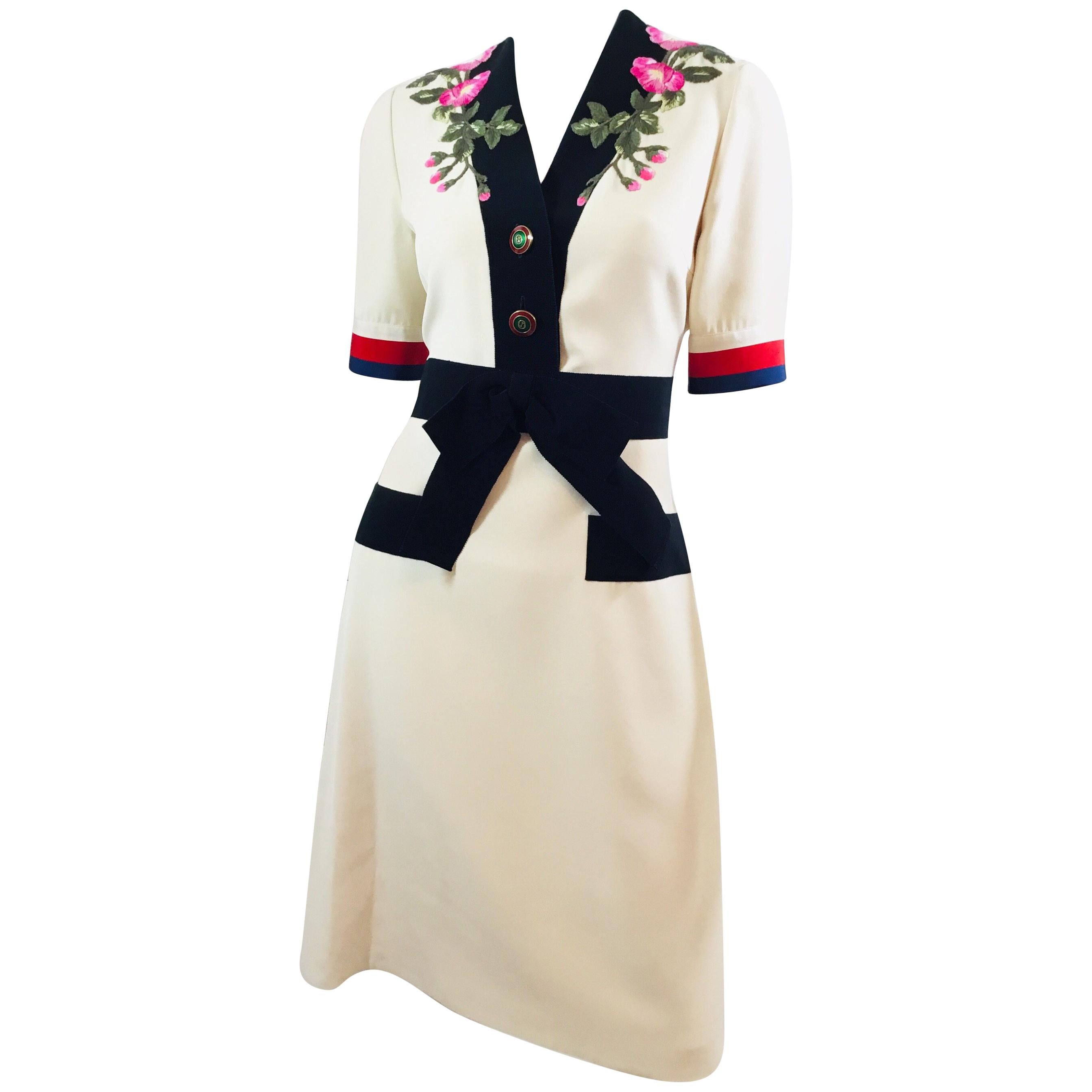 Gucci Embroidered Dress with Faille Ribbon Trim 2017