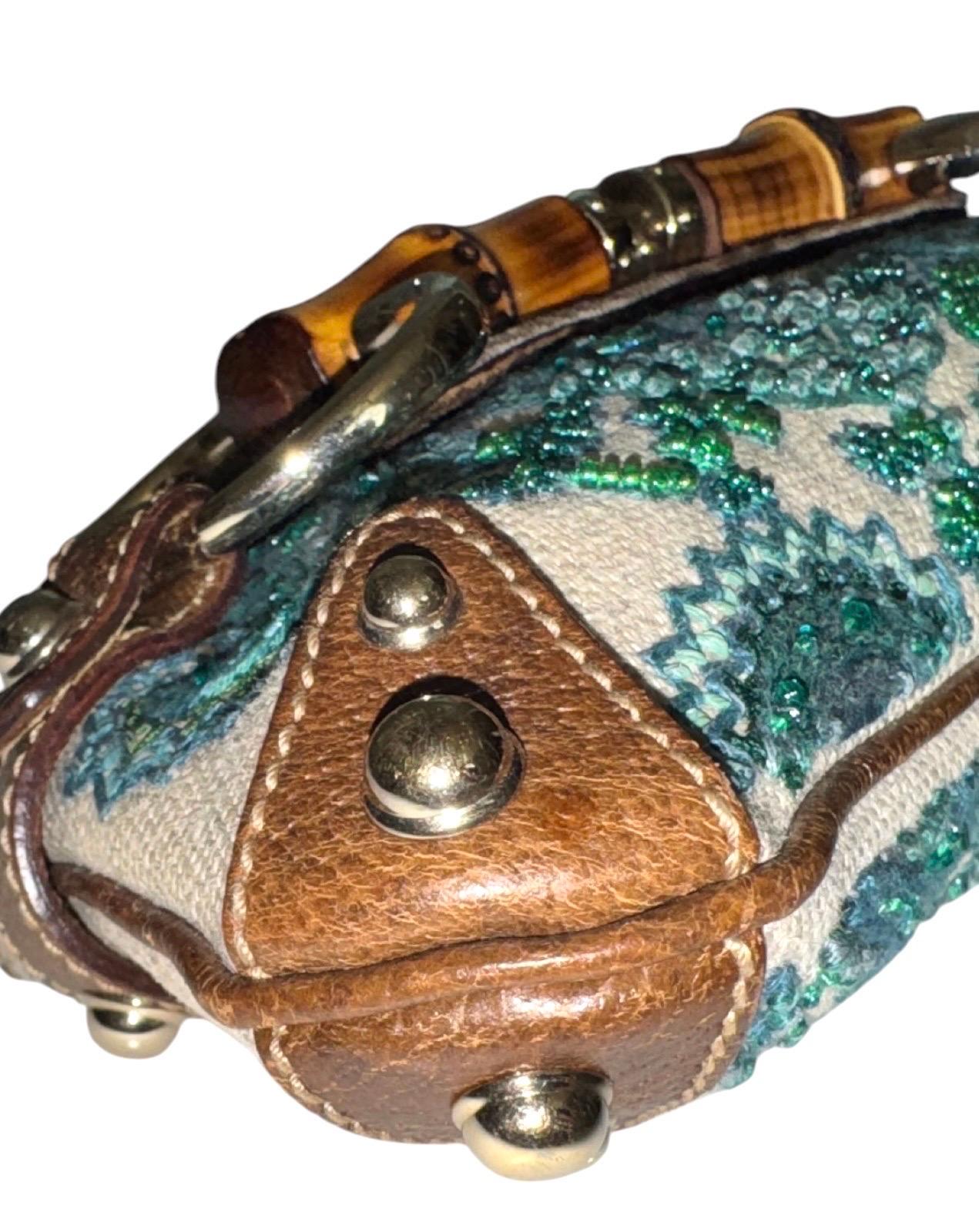 Gray GUCCI Embroidered Paisley Canvas Leather Horsebit Bamboo Clutch Bag Y2K For Sale