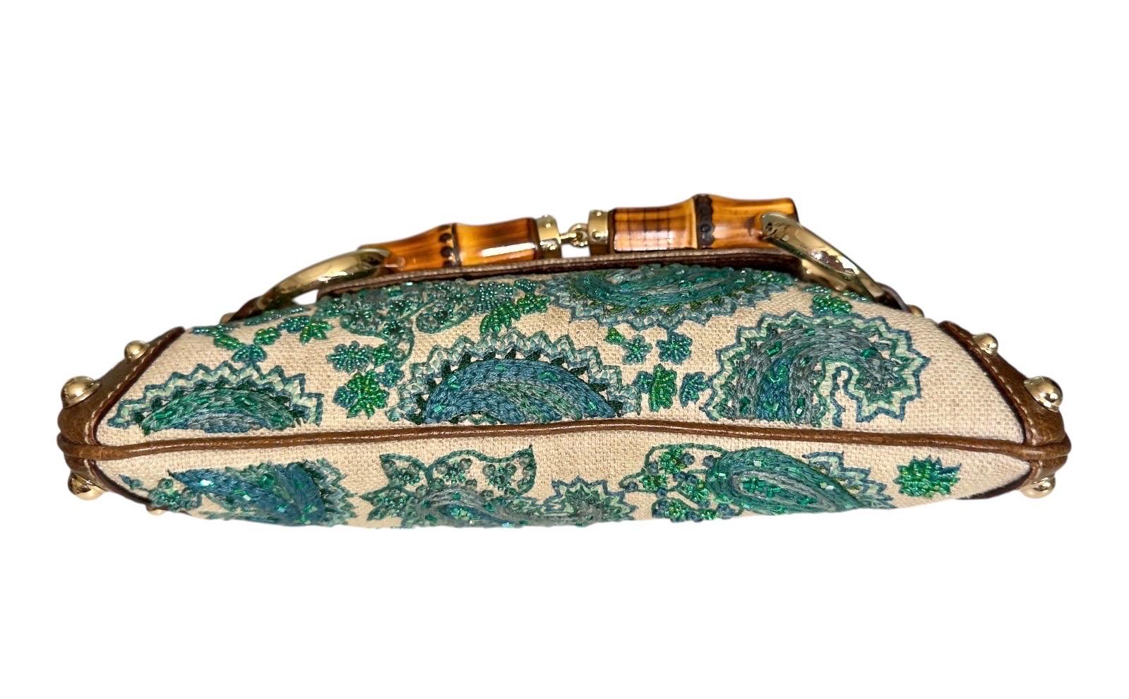 GUCCI Embroidered Paisley Canvas Leather Horsebit Bamboo Clutch Bag Y2K In Fair Condition For Sale In Switzerland, CH