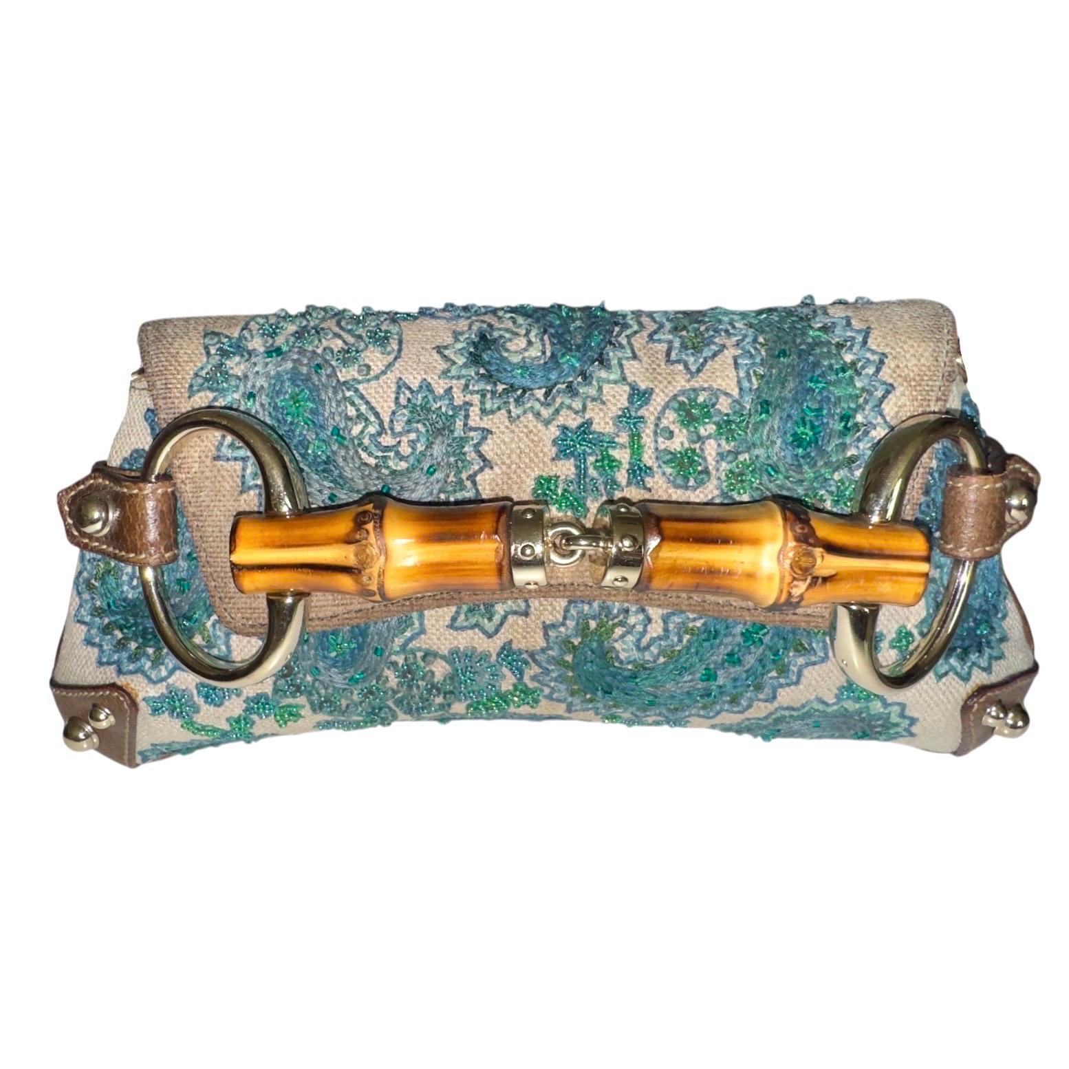 GUCCI Embroidered Paisley Canvas Leather Horsebit Bamboo Clutch Bag Y2K For Sale