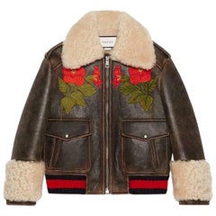 Gucci Embroidered Shearling-Lined Leather Bomber Jacket 