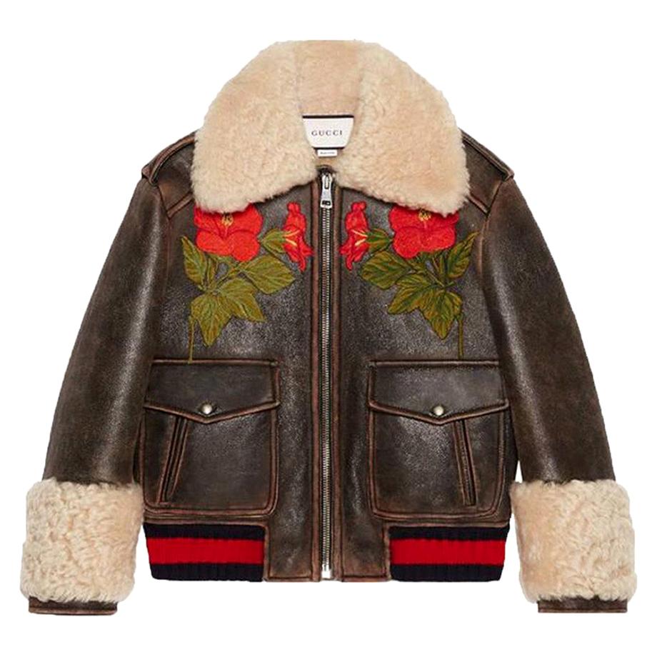 Gucci Embroidered Shearling-Lined Leather Bomber Jacket