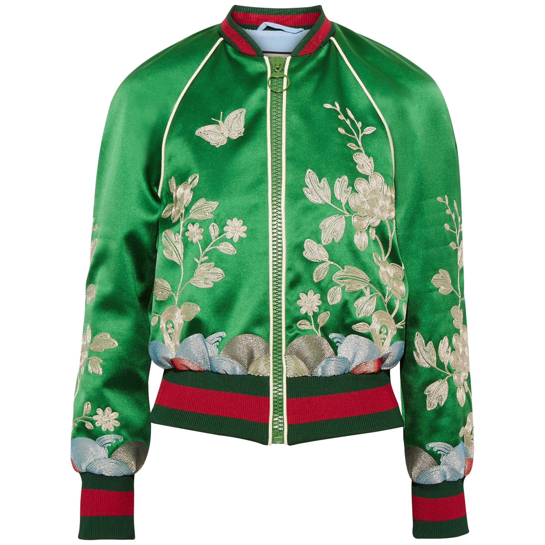 Gucci Embroidered Silk-Satin Bomber Jacket at 1stDibs | gucci satin jacket,  gucci green jacket women's, silk bomber jacket