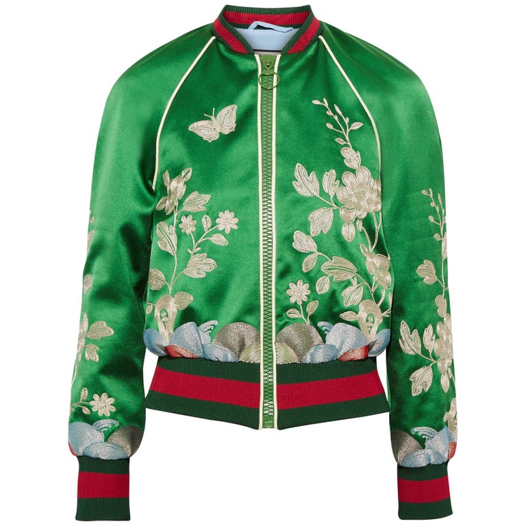 Gucci Embroidered Silk-Satin Bomber Jacket at 1stDibs | gucci satin jacket, green women's, silk bomber jacket