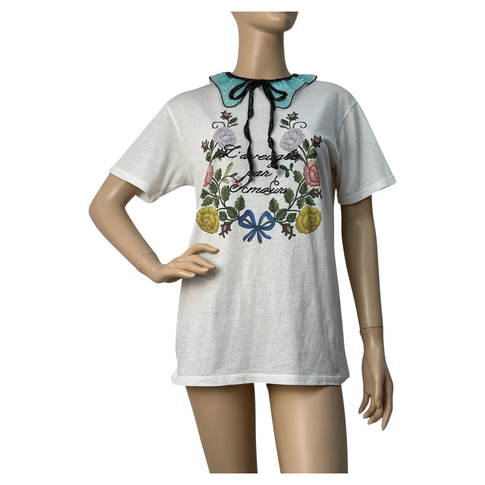 Gucci ricamo colletto di paillettes T-shirt Top Sz.M in vendita